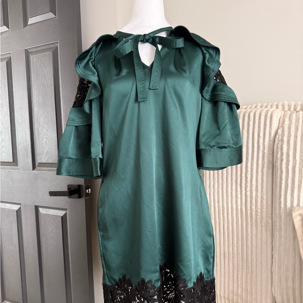 Self-Portrait Dark Green Dress with Black Lace